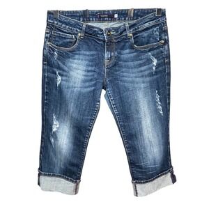 Vigoss Womens Blue Wash Distressed Capri Whiskered Jeans Size 11 Cuffed Cropped